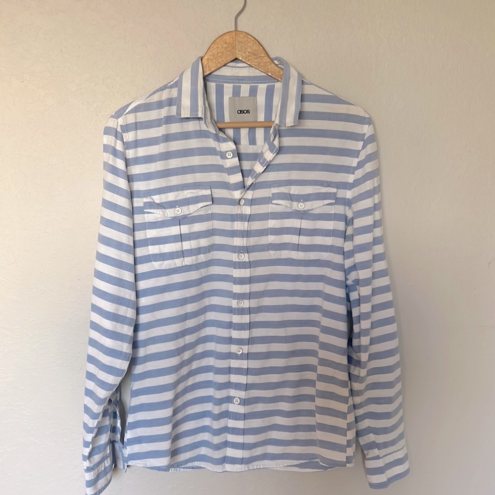 Modern nautical stripe button down with pockets
